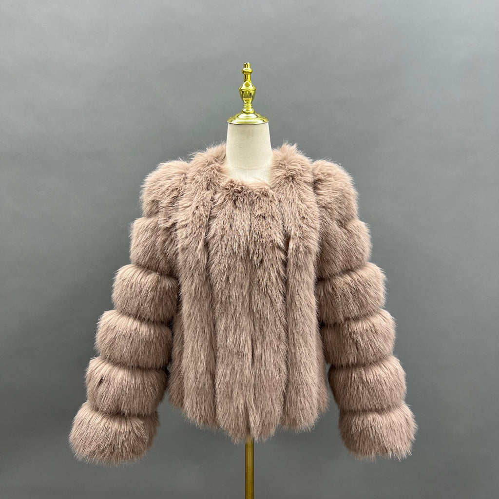 Taupe Vertical Design Faux Fur Coat - H&L