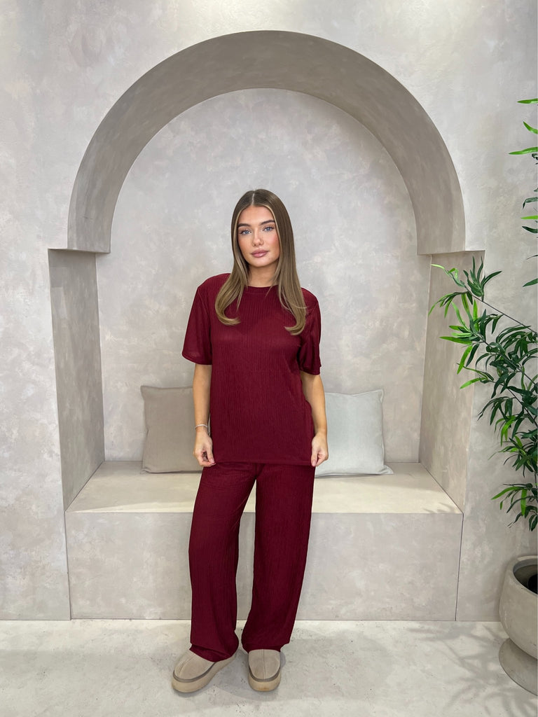 Textured Round Neck T-Shirt And Wide Leg Trouser Set - H&L