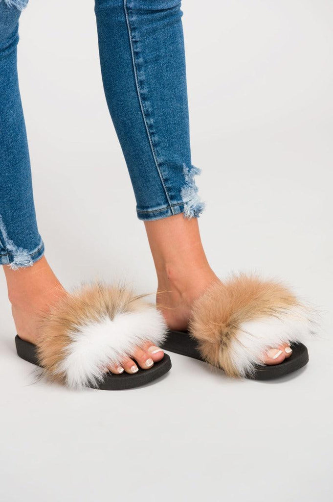 Two Tone Beige/White Luxury Fur Sliders - H&L