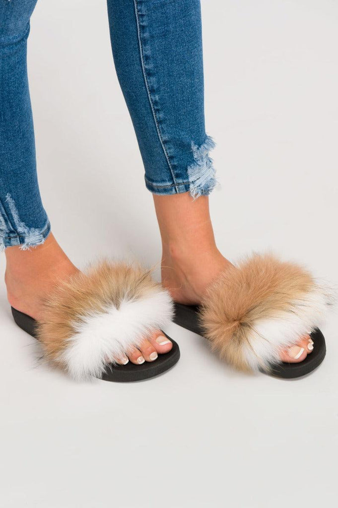 Two Tone Beige/White Luxury Fur Sliders - H&L