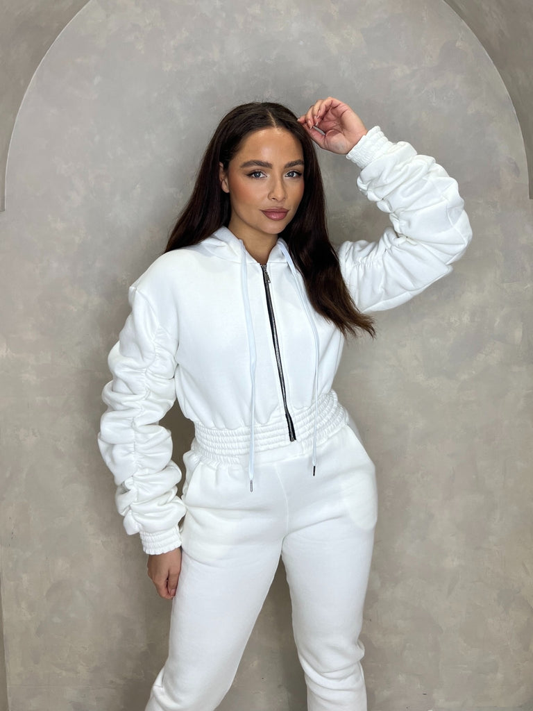 White Hooded Ruched Sleeve Tracksuit - H&L