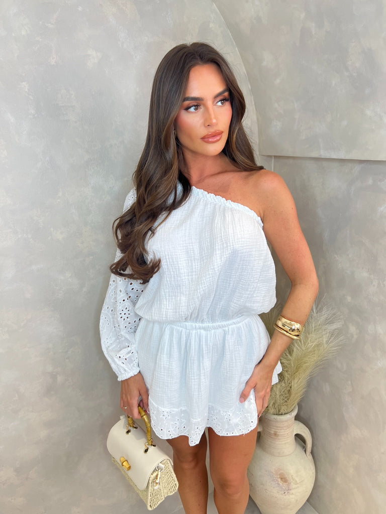 White Santorini Broderie Anglaise One Sleeve Playsuit With Skirt Overlay - H&L